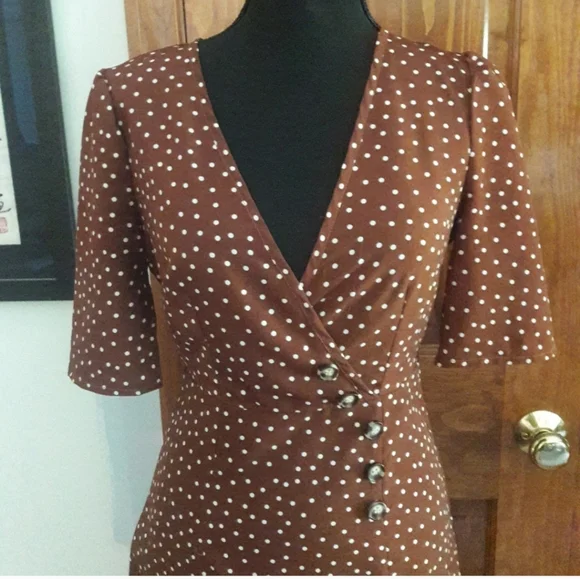 Romantic Vintage French Inspired Polkadot Wrap Dress Chocolate Brown 40s Size XS - Picture 4 of 11